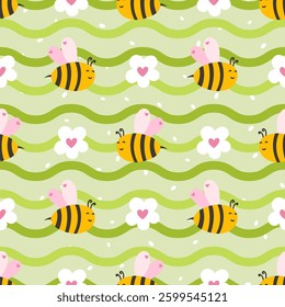 Minimalist and elegant seamless vector pattern featuring chamomile, daisies, and buzzing bee in a kawaii and cozy style, perfect for wrapping paper, baby textiles, and cheerful springtime designs
