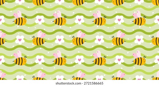 Padrão de vetor sem emenda minimalista e elegante com camomila, margaridas e abelha zumbido em um estilo kawaii e acolhedor, perfeito para papel de embrulho, tecidos para bebês e desenhos animados da primavera