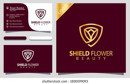 Minimalist elegant shield flower rose beauty with line art style logo design inspiraton, business card