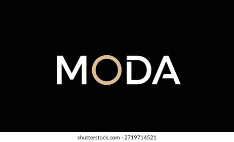 Um logotipo tipográfico minimalista e elegante que exibe a palavra "MODA" em branco e uma cor bege quente contra um fundo preto escuro. Este projeto
