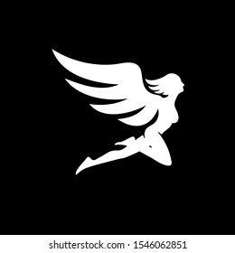 A minimalist and elegant vector logo featuring a white silhouette of a flying female angel with large, graceful wings. Set against a solid black background, this sleek design represents freedom, purity, and grace. This professional emblem is perfect for luxury beauty brands, wellness spas, aesthetic clinics, spiritual organizations, and premium feminine apparel.