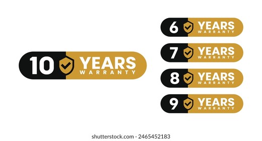 Minimalist and elegant Vector warranty shield with checklist label icon set. number of years 6, 7, 8, 9, 10. vector eps