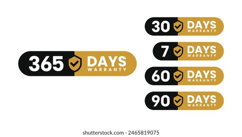 Minimalist and elegant Vector warranty shield with checklist label icon set. Black and gold. Number of days 7, 30, 60, 90, 365. vector eps