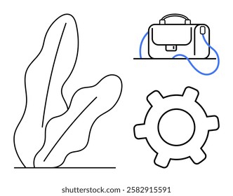 Minimalist elements including a leafy plant, a briefcase with blue strap detail, and a gear icon. Ideal for productivity, office settings, business efficiency, growth, modern workspace, organization