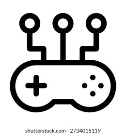 Ein minimalistisches, elliptisches Gamecontroller-Bild mit Richtungstasten und Action-Tasten, das Videospielsteuerung, Esports und digitales Entertainment symbolisiert.