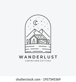 Minimalist Emblem Cabin Logo Cottage Mountain at the Night Vector Line Art Design Illustration