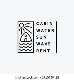 Minimalist Emblem Cabin and Water Logo Vector Line Art, Illustration Design of Cottage in The Lake Concept Simply Creative