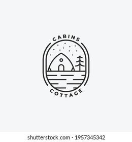 Minimalist Emblem Camp Cabin Cottage Logo Line Art Vector Illustration Design