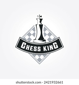 minimalist emblem of the chess king logo with a chessboard background. vintage king crown vector illustration design