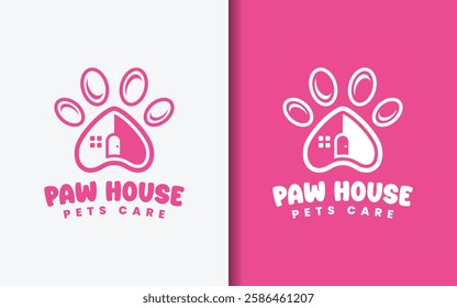 A minimalist emblem featuring an animal paw integrated with home design,symbolizing pet-friendly and care.