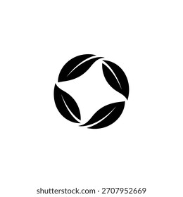 Un emblema minimalista con cuatro hojas dispuestas en un patrón circular, que simboliza la naturaleza, el crecimiento y la conciencia ambiental.