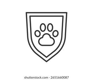 Minimalist emblem featuring a paw print inside a shield, representing animal protection and care. Ideal for pet services, veterinary clinics, and animal shelters. Safety, security, symbol.