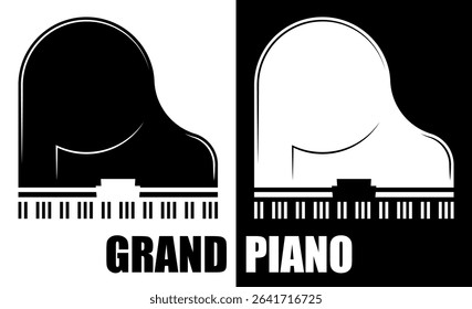 Minimalist emblem logo for piano and fortepiano school. Concert piano royal top view. Minimalistic black and white vector