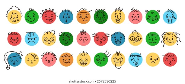 Minimalist emojis doodle flat color vector icon set. Various facial expressions and feelings illustrations pack on white background