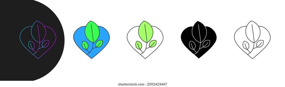 minimalist environment icon heart shaped outline with three leaves inside.presented in various styles, including gradient, fill, solid, and simple outline. editable stroke
