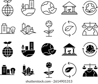 Minimalist environment icon set featuring eco-friendly symbols like trees, recycling, and energy. Clean vector design ideal for sustainability projects.