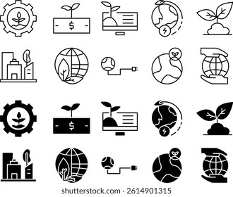 Minimalist environment icon set featuring eco-friendly symbols like trees, recycling, and energy. Clean vector design ideal for sustainability projects.