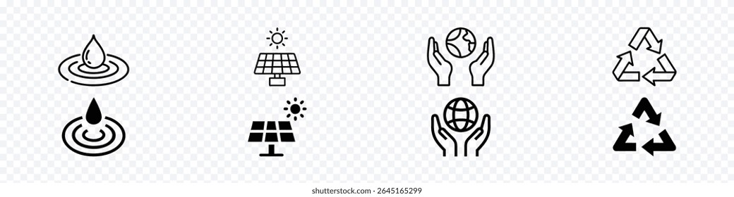 Minimalist environmental icon set including water conservation, solar panel energy, global care, and recycling symbols, natural icon set