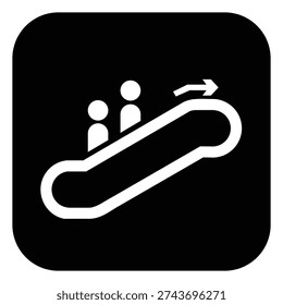 Minimalist escalator icon featuring two people and a directional arrow, designed in a bold black and white pictogram style. Perfect for public transport signage, shopping malls, airports, metro stations, and wayfinding systems. Clean, modern vector symbol ideal for UI design, infographics, apps, and safety signage projects.