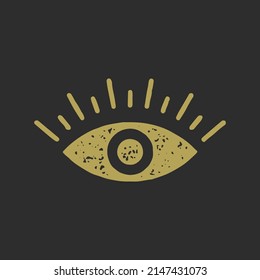 Minimalist esoteric simple logo golden hand drawn all seeing eye with lashes and eyeball grunge texture vector illustration. Simple sacred antique religious optical contemplation magic icon on black