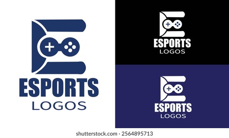 Minimalist Esports Logo Design Featuring Game Controller Icon in Blue and White Variations ,Esports Logo Template for Gaming Team or Game Tournament, esports logo design