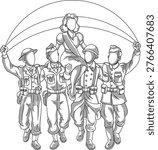 Minimalist Etching Style Illustration of Allied Soldiers carrying a beautiful young woman on their shoulders, capturing the iconic atmosphere of the Victory in Europe day celebrations.