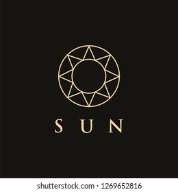 Minimalist ethnic line art sun logo icon vector template on black background