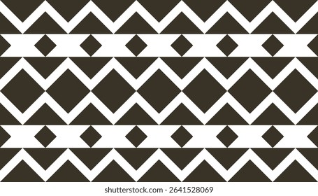 Minimalist ethnic pattern with diamond and zigzag motifs in monochrome style. Ideal for African or Aztec-inspired decorative designs, packaging, or fabric prints