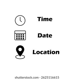 Minimalist event information icons showing clock for time, calendar for date, and location pin for place perfect for digital invitations or event planning templates.