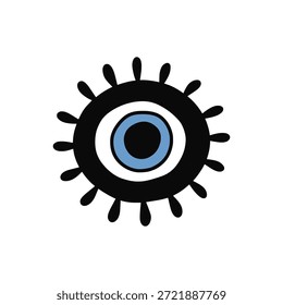 Amuleto minimalista del mal del ojo con pestañas circulares negras gruesas, aisladas en el fondo blanco. Símbolo de protección mística e icono de talismán espiritual para diseños modernos.