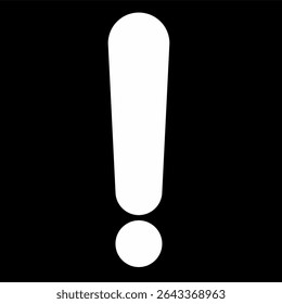 Minimalist exclamation mark symbol in bold white on solid black background. High contrast icon, ideal for warning signs, alerts, banners, and design. 