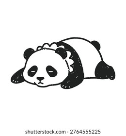 Minimalist exhausted panda character lying down. Feline bear vector illustration of extreme tiredness isolated on white background.