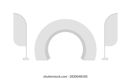Minimalist exhibition Gate vector template featuring an arched entrance and promotional flags for corporate trade show branding.