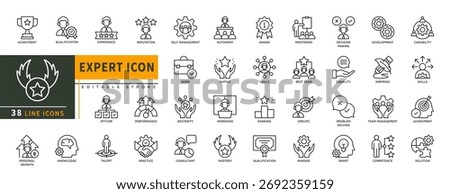 Minimalist Expert line icons set with editable stroke, featuring qualification, experience, atitude, consultant, practice, talent, mastery, qualification, ranking, woorking. thin linear illustration.
