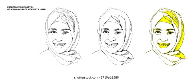 Un dibujo de línea continuo minimalista y expresivo de una hermosa mujer con un hijab. Esta ilustración de estilo Vector captura una expresión alegre con una cara sonriente. El conjunto incluye tres variaciones: un contorno negro limpio, un boceto detallado y una versión vibrante con acentos de color amarillo. Perfecto para la moda moderna, la diversidad y los diseños de temática religiosa.