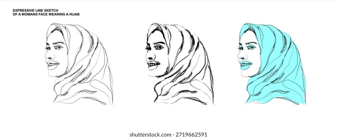 Un dibujo de línea continuo minimalista y expresivo de una hermosa mujer con un hijab. Esta ilustración de estilo Vector captura una expresión alegre con una cara sonriente. El conjunto incluye tres variaciones: un contorno negro limpio, un boceto detallado y una versión vibrante con acentos de color amarillo. Perfecto para la moda moderna, la diversidad y los diseños de temática religiosa.