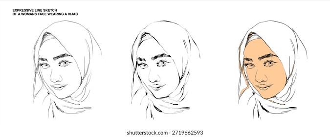Un dibujo de línea continuo minimalista y expresivo de una hermosa mujer con un hijab. Esta ilustración de estilo Vector captura una expresión alegre con una cara sonriente. El conjunto incluye tres variaciones: un contorno negro limpio, un boceto detallado y una versión vibrante con acentos de color amarillo. Perfecto para la moda moderna, la diversidad y los diseños de temática religiosa.