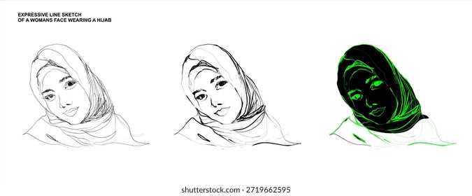 Un dibujo de línea continuo minimalista y expresivo de una hermosa mujer con un hijab. Esta ilustración de estilo Vector captura una expresión alegre con una cara sonriente. El conjunto incluye tres variaciones: un contorno negro limpio, un boceto detallado y una versión vibrante con acentos de color amarillo. Perfecto para la moda moderna, la diversidad y los diseños de temática religiosa.