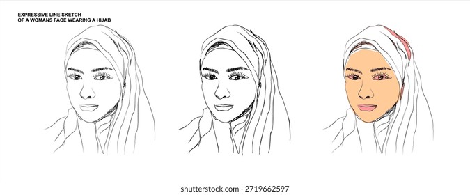 Un dibujo de línea continuo minimalista y expresivo de una hermosa mujer con un hijab. Esta ilustración de estilo Vector captura una expresión alegre con una cara sonriente. El conjunto incluye tres variaciones: un contorno negro limpio, un boceto detallado y una versión vibrante con acentos de color amarillo. Perfecto para la moda moderna, la diversidad y los diseños de temática religiosa.