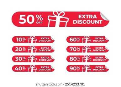 Minimalist Extra Discount banner with gift box icon and folds. For social media, icon, logo, label, seal, tag, sign, badge, sticker. number of discount 10, 20, 20, 40, 50, 60, 70, 80, 90. Vector