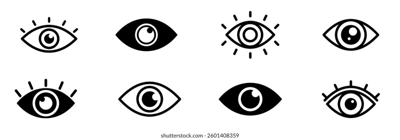 Minimalist Eye Icon Set in Vector Format Featuring Various Eyeball,Optical and Eyewear Symbols Designed for UI, Web, Medical, Ophthalmology and Graphic Design Projects in a Modern Style.