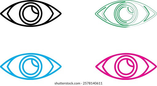 minimalist eye icons, geometric shapes, line art, vector graphics, stylized vision symbols, abstract design elements, color variations, black cyan magenta, simple contour drawings, modern logo concept