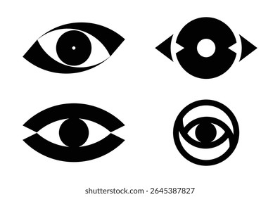 Minimalist eye symbol collection – abstract vision and surveillance icon set in black and white.