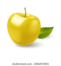 A minimalist and eye-catching illustration on white backdrop of a bright yellow apple with a stylized green leaf