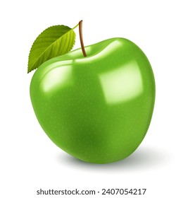 A minimalist and eye-catching illustration on white of a bright green apple with a stylized leaf still attached to its stem