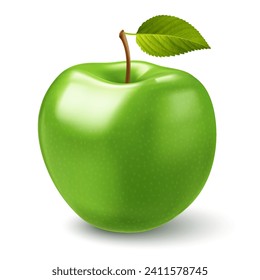 Ilustración minimalista y llamativa sobre el fondo blanco de una manzana verde brillante con una hoja estilizada aún pegada a su tallo