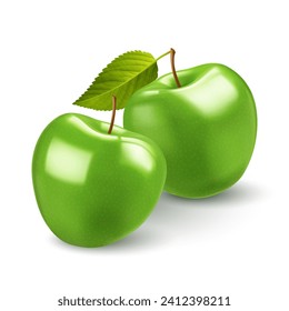 A minimalist and eye-catching illustration on white backdrop featuring two charming green apples. A stylized leaf, attached to a delicate stem, complements the composition