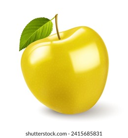 A minimalist and eye-catching illustration on white of a bright yellow apple with a stylized green leaf still attached to its stem
