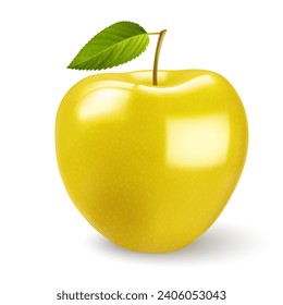 A minimalist and eye-catching vector illustration of a bright yellow apple with a stylized green leaf still attached to its stem