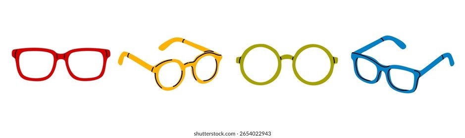 Minimalist eyeglass and sunglasses set in various shapes and colors. Round, square and aviator designs isolated on white background.